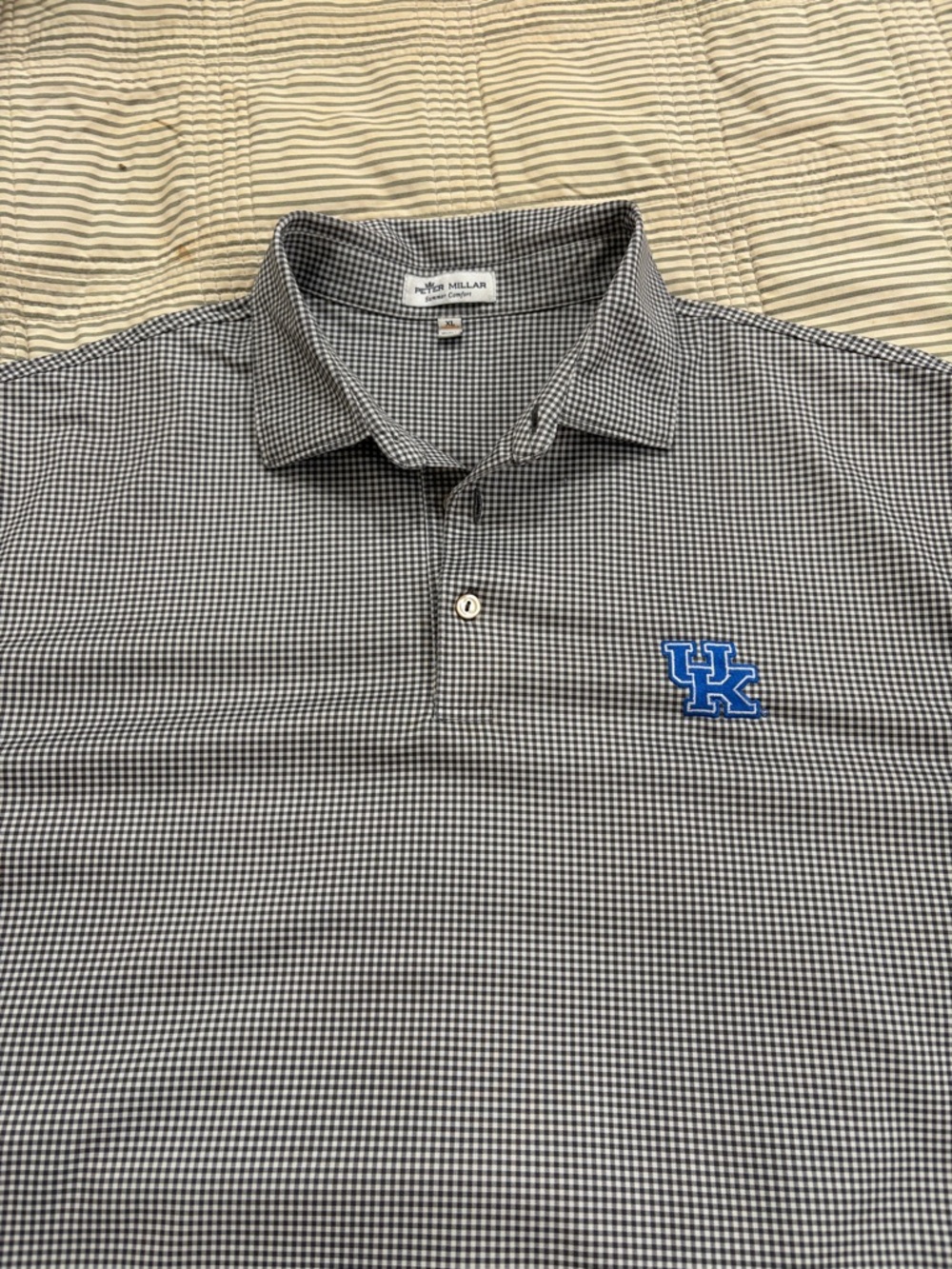 Peter Millar Black and White Micro-Check Polo with Blue UK Embroidery